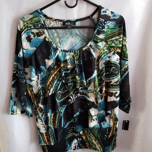 AGB Petite Dressy top. P/XL Black blue white and a dab of green. 3/4 sleeve